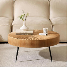 Cagnolier Round Coffee Table, Wooden Living Room Table with Linear Design, Coffee Table with Black Metal Legs, Sofa Table in Living Room, Light Brown Side Table, Diameter 77 x 36 cm