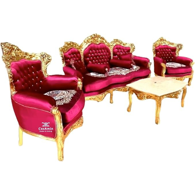 French Sofa Set in Antique Style in Red Velvet, Living Room Sofa Set in Baroque Rococo Style in Bordeaux Colour Velvet Gold Finish for Interior Decoration