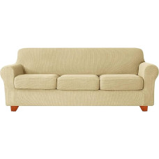 4-Piece Stretch Sofa Cover Set for Sofas with 3 Cushions - Soft Cover with Separate Cushion Covers, Washable Furniture Protector for Living Room (Beige, L)