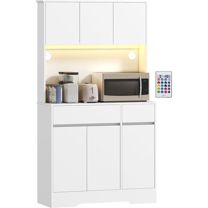 HOMCOM Sideboard Kitchen with LED Light, RGB Kitchen Furniture, High Storage Cabinet with Worktop, 6 Doors, 2 Drawers, Adjustable Shelves and Remote Control Included, 100 x 38 x 180 cm, White