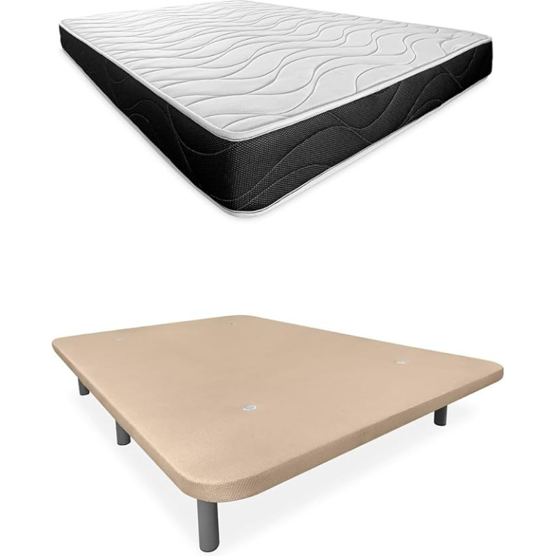 Somnia Descanso Complete Bed with Reversible Bombay Mattress + Extra Reinforced Upholstered Base with 6 Metal Cylindrical Legs, 90 x 190 cm, Beige