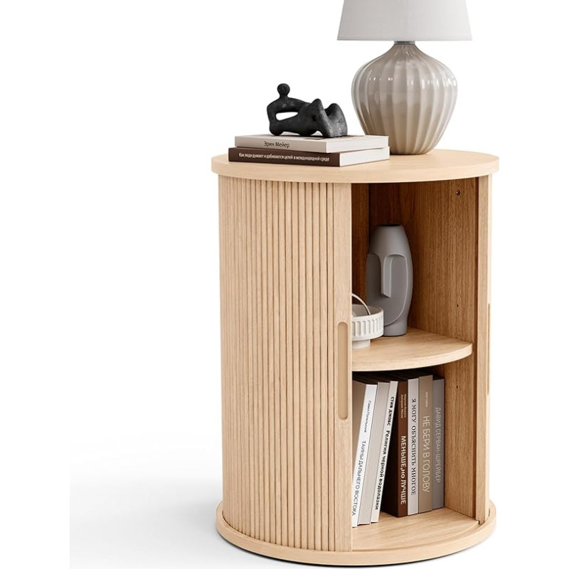 LINSY HOME Round Ribbed Side Table, Tall Side Table with Sliding Door and Storage Shelf, Modern Bedside Table, Mid-Century Bedside Table for Living Room, Bedroom, Oak