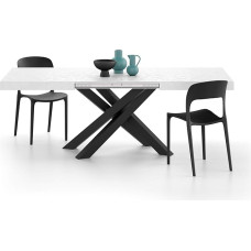 MOBILI FIVER, Emma 140 cm Extendable Table, White Concrete with Black X-Legs, Laminated, Iron, Made in Italy