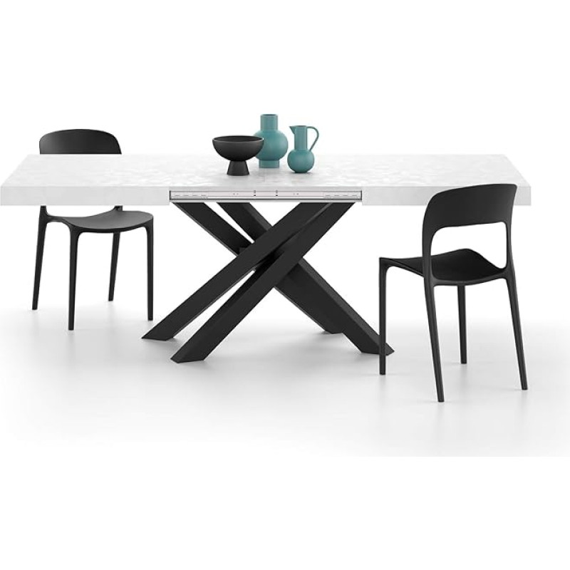 MOBILI FIVER, Emma 140 cm Extendable Table, White Concrete with Black X-Legs, Laminated, Iron, Made in Italy