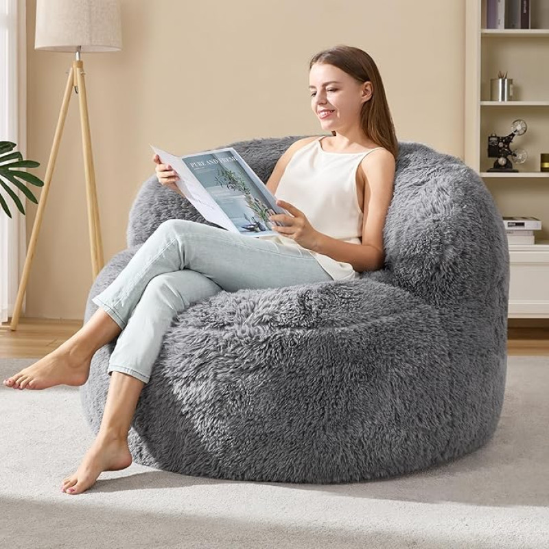 Hobestluk Bean Bag Chair, Large Bean Bag for Adults, Giant Bean Bag for Adults, Foam Filling, Large Bean Bags with Filled Backrest, Lazy Sofa, Grey