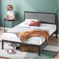 Zinus Korey Bed 140 x 200 cm - Height 36 cm with Under Bed Storage - Metal Platform Bed Frame with Padded Headboard - Black and Grey