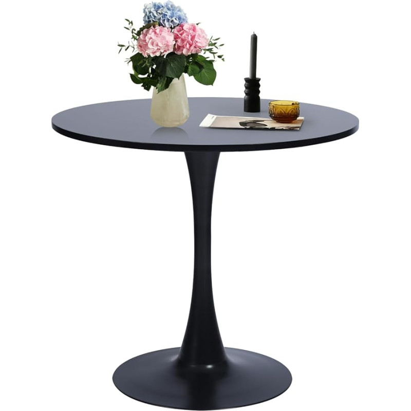 FurnitureR 80.0 cm Round Dining Table for 2-4 People with Base for Home Office Living Room Kitchen Leisure Black Tulip Style