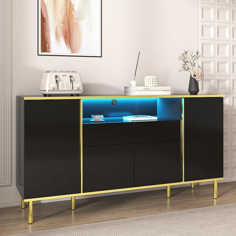 LATICO Sideboard Chest of Drawers with 4 Doors and 2 Drawers, 150 x 40 x 80 cm, Kitchen Cabinet, High Gloss Buffet Cabinet, Sideboard, Standing Cabinet, Storage Cabinet, Living Room, Dining Room,
