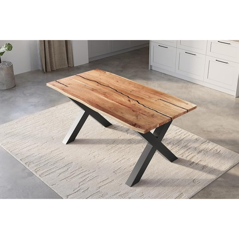 SAM Polly Dining Room Table with Wane, 120 x 80 cm, Epoxy Resin Veins in Black, Solid Acacia Wood + Natural-Coloured, Dining Room Table with X-Iron Frame, Black Table Top 26 mm, with Real Wane Edge