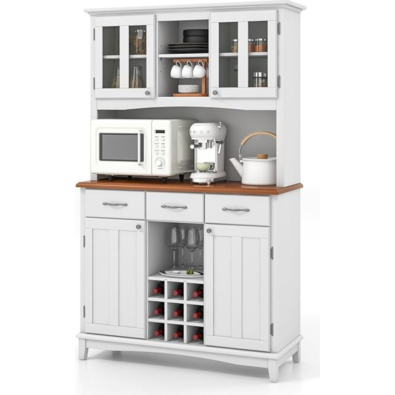COSTWAY Kitchen Cabinet, Kitchen Buffet with 3 Drawers, Cabinets, Wine Rack, Open Shelves and Worktop, Buffet Cabinet Tall Cabinet with Adjustable Shelves, 112 x 43 x 184.5 cm