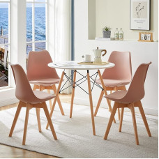 FURNITABLE Round Dining Table with 4 Pink Dining Chairs Scandinavian Design with Wooden Feet and Metal Frame for Kitchen Living Room Lounge