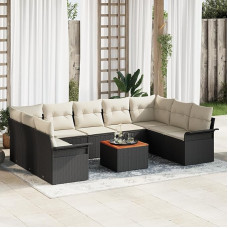 Rantry 10-teiliges Garten Sofaset mit Kissen Schwarz Poly Rattan Akazie, 2-Sitzer Garten Sofa mit Stauraum und Kissen Schwarz Poly Rattan Gartenlounge Model3356038