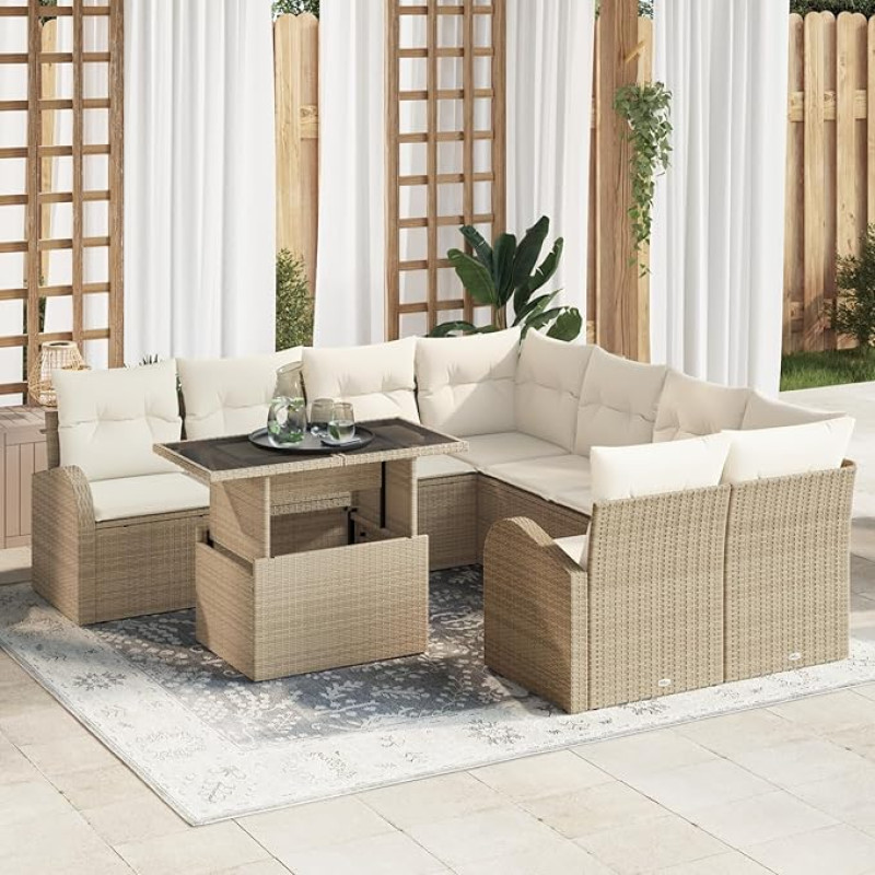 Rantry 9-teiliges Garten Sofaset mit Kissen Beige Poly Rattan, 2-Sitzer Garten Sofa mit Stauraum & Kissen Beige Poly Rattan Gartenlounge Model3357354