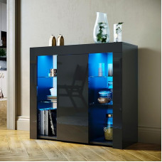 SUNXURY Chest of Drawers Sideboard with LED Lights Black Side Cabinet with 1 Door and Open Glass Shelves Modern Kitchen Cabinet for Living Room 90 x 35 x 83 cm