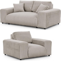 S-Style Möbel Set Sofa 2 Sitzer Sessel - 2 Stück - Schwarze Füße - Plüschcord - Freistehend - Mollis Hellgrau