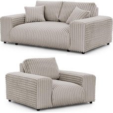 S-Style Möbel Set Sofa 2 Sitzer Sessel - 2 Stück - Schwarze Füße - Plüschcord - Freistehend - Mollis Hellgrau