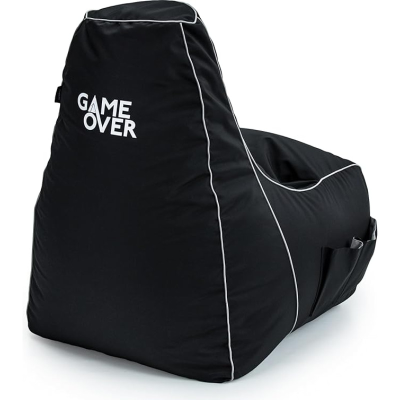 Game Over 8-bit video gaming bean bag, gaming chair, for indoors, living room, side pockets for controller, headset holder, ergonomic design for dedicated gamers.