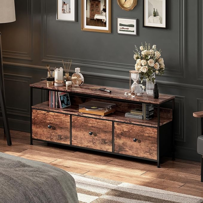 MISNODE Sideboard with Drawers Fabric Storage Cabinet LED Lighting Sideboard Living Room Kitchen Furniture with Metal Frame and Wooden Top (Brown, Small, 3 Drawers)