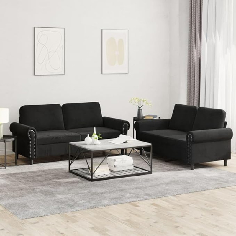Homgoday 2-TLG. Sofagarnitur mit Kissen Polstersofa Sofa Couch Loungesofa Gästesofa Sofa Wohnzimmersofa Sitzmöbel für Wohnzimmer Empfang Büro Schwarz Samt