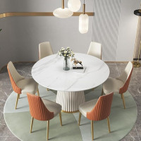POVISON Modern Dining Table 120 cm Round Dining Table Top Made of White Sintered Stone Pine Wood Frame Stainless Steel Base for 4-6 People Easy Installation (without Chairs)