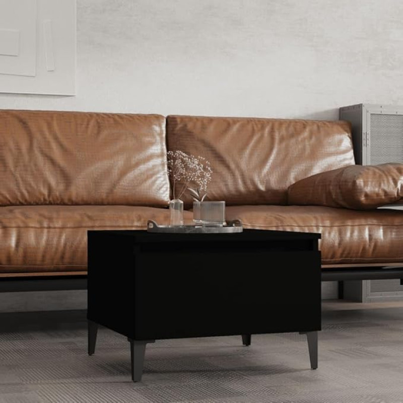 Natulvd Modern Coffee Table, Small Snack Sofa, Side Table with Drawer and Metal Legs, 50 x 46 x 35 cm, Square Cocktail Centre Table for Office and Living Room, Black