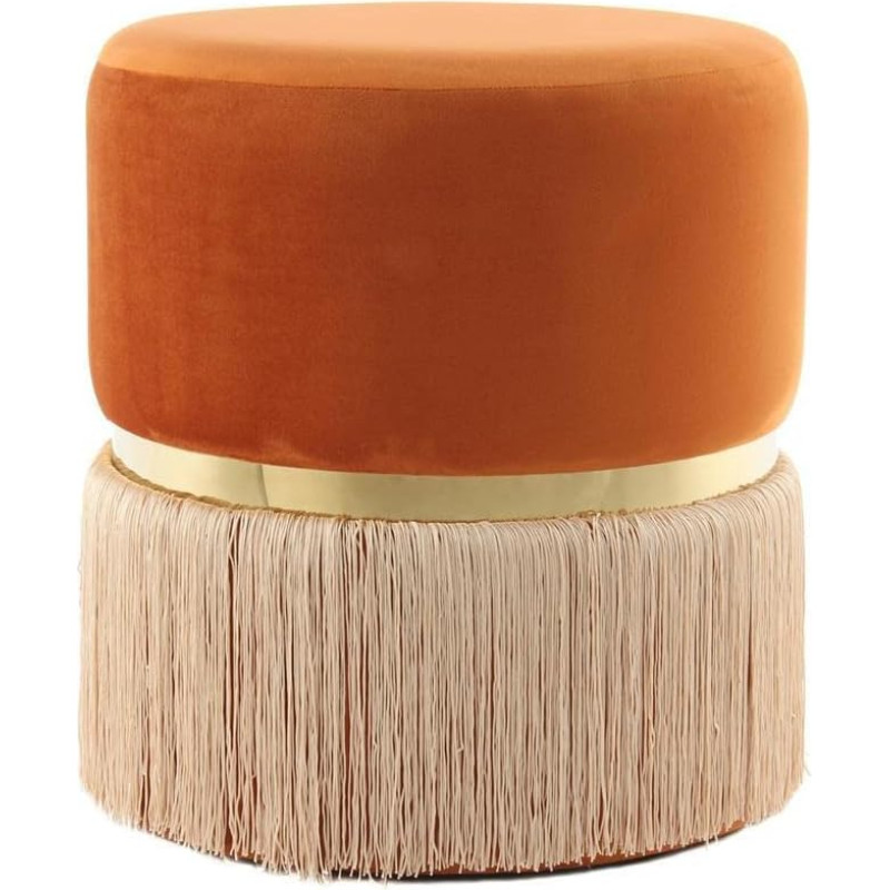 Qiyano Round Stool with Velvety Soft Fabric Cover and Trendy Fringes Elegant Metal Ring in the Middle Pouf Seating Furniture Bedroom Living Room Wardrobe Colour: Orange