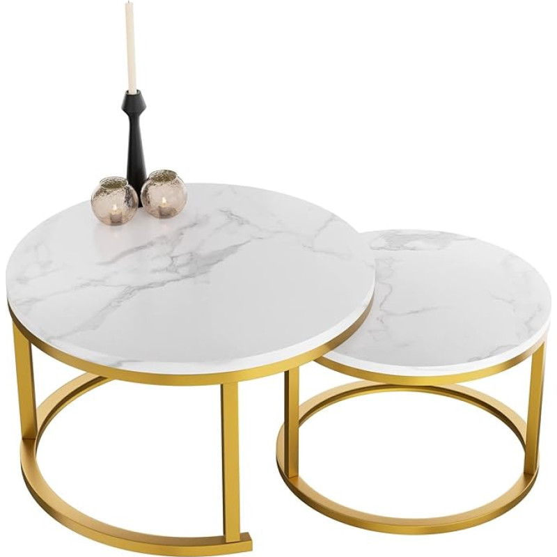 HeyHeaven® Round Marble Coffee Table Set of 2 - Round Couch Table in White Marble Look with Golg Metal Frame - Modern Table for Living Room, Bedroom & Balcony, Diameter 70 / Diameter 50 cm