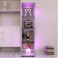 Mirror Glass Display Cabinet 36.5 x 42.5 x 164 cm Glass Display Cabinet with Lock and LED Storage Cabinet Glass on Base LED Display Cabinet 4 Shelves 1 Door (Mirror + White LED, 1 Door, 4 Tiers)