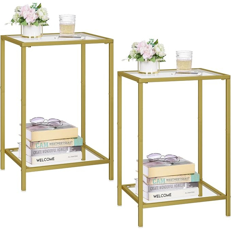 HOMSHO Side Tables Set of 2, Side Tables with Tempered Glass, 2-Tier Bedside Tables with Storage Shelves, Coffee Table with Modern Style, Slim Sofa Table for Living Room, Bedroom, 30