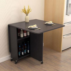 Folding Dining Table with 6 Wheels 2 Open Shelves - Space-Saving Extendable Versatile for Work Study Dining - Black Multifunctional Table for Small Spaces