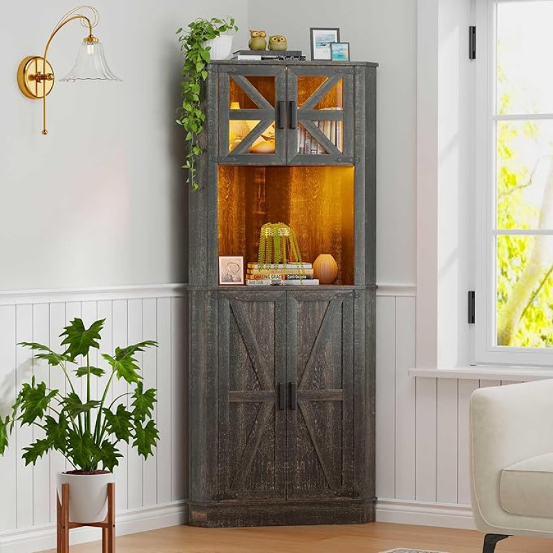 Gurexl LED Sideboard Corner Cabinet Buffet Cabinet Country House Style Kitchen Cabinet with Wireless Charging Station Smart Multi-Purpose Cabinet Dimmable RGB 20 Colours