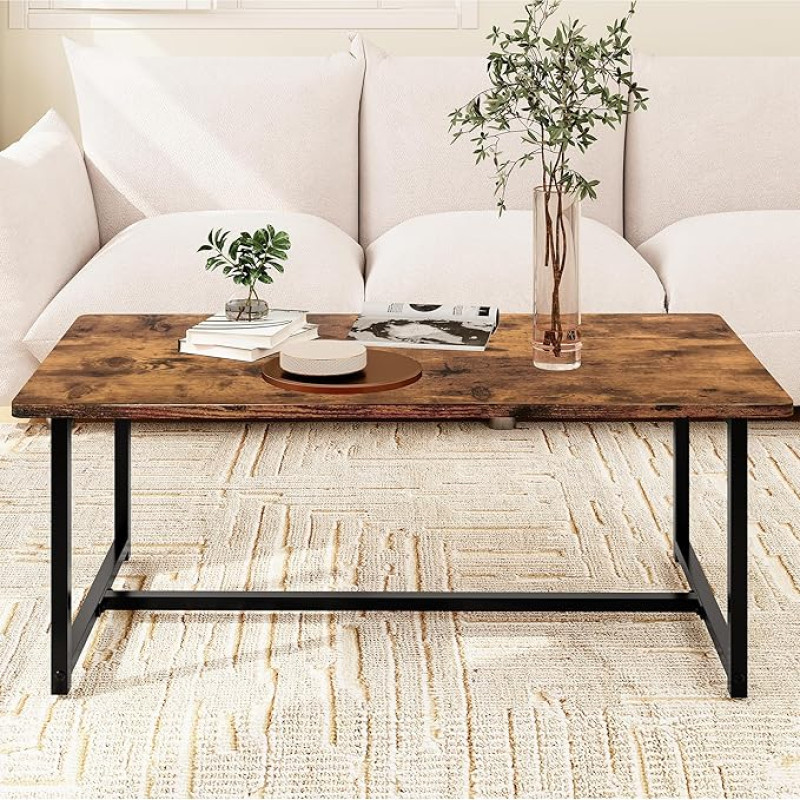 FOUBAM Coffee Table Simple Modern Coffee Table for Living Room Rectangle Minimalist Center Table Industrial Furniture Sofa Side Tables with Black Metal Frame Rustic Brown