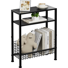 Narrow Side Table with Storage Basket, 3-Tier Narrow Side Table for Small Space, Small Bedside Table with Magazine Rack, Skinny Bedside Table in Living Room, Bedroom