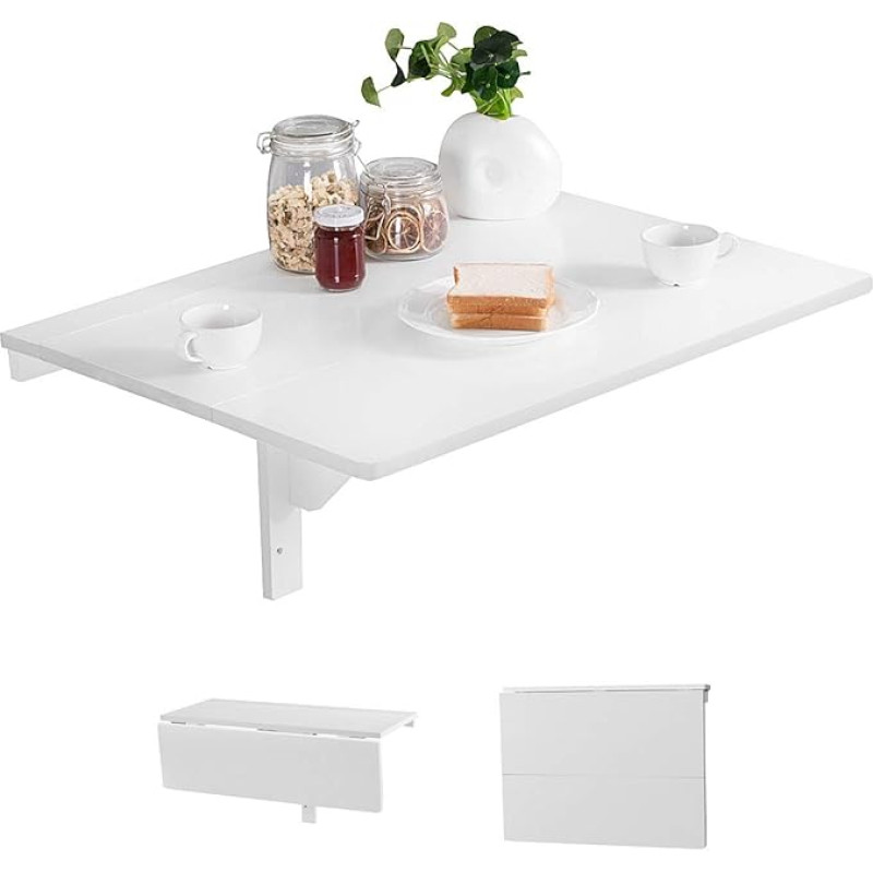 RELAX4LIFE Folding Wall Table, Space-Saving Dining Table, Desk for Dining Room and Study Room, Sturdy Folding Table, Wall Mounting, Wooden Wall Folding Table, Maximum Load 40 kg, 80 x 60 cm (White)