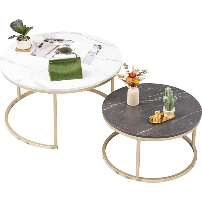 Soayone Round Coffee Table, Set of 2, White Marble Coffee Table with Gold Metal Frame, Round Side Table, Living Room Table, Modern, Set of Tables for Living Room, Bedroom, Balcony