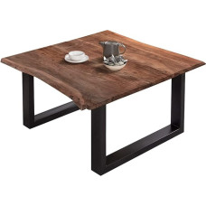 SAM Billy Coffee Table 90 x 90 cm Real Wane, Acacia Wood, Walnut Coloured, Solid Sofa Table, U-Metal Frame, Matte Black