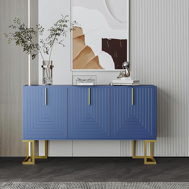 BTM Modern 3 Door Sideboard with Adjustable Shelves, U Shaped Cabinet Doors and Metal Handles and Base for Dining Room and Kitchen (Navy Blue)