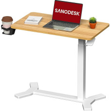 SANODESK Height-adjustable side table, C-shaped table legs with cup holder and wooden top (maple + white), ideal for sofa, bed and laptop
