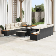 Rantry 11-teiliges Gartensofaset mit Kissen Schwarz Poly-Rattan Akazie, 3-teiliges Gartenset mit Kissen Schwarz Poly-Rattan Akazie Gartenlounge Model3362895
