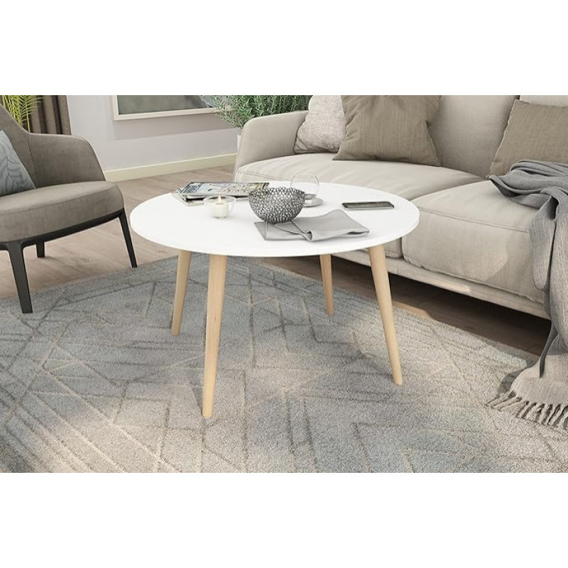 byLIVING Lasse Coffee Table / Round Sofa Table / Table Top Melamine White / Legs Solid Beech Natural Light Brown / Side Table in Scandinavian Style / D 80 x H 46 cm
