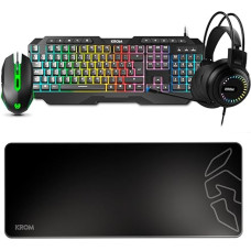 KROM KARRIER Gaming Pack RGB Rainbow LED Membrane Keyboard, 19 Anti-Ghosting Buttons, Optical Mouse 3600 dpi, Stereo Headphones 50 mm, XXL Non-Slip Rubber Mouse Pad, Layout, Black