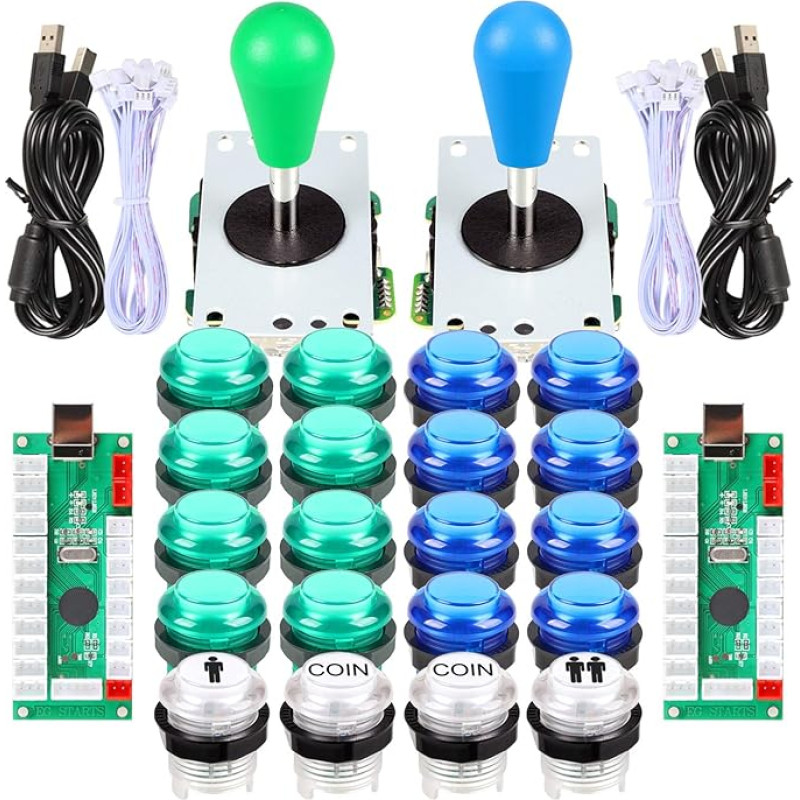 EG STARTS 2 Player LED Arcade DIY Parts 2 x USB Encoder + 2 x Ellipse Oval Style Joystick + 20 x LED Arcade Buttons for PC MAME Raspberry Pi Windows System (Blue & Green Kit)