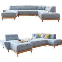 MIUFORM Dazzling Daisy U with Bed Box, 8-Seater Sofa, U-Shape Right, 330 x 190 x 77 cm Couch, Folding Sofa with Sleep Function, Living Landscape (Light Blue)