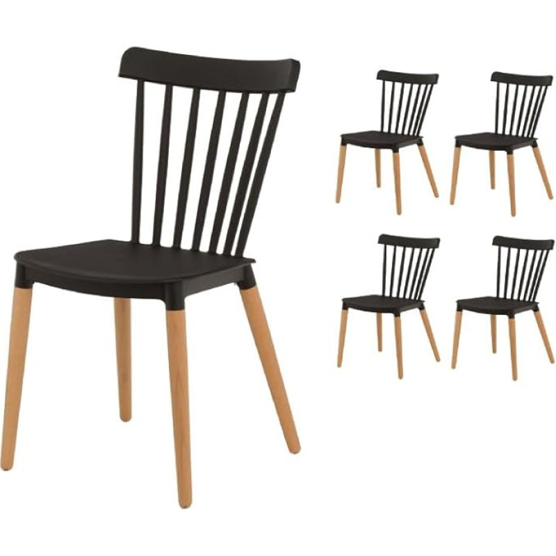 KOSMI. FR - Set of 4 Black Scandinavian Style Chairs with Poles, POP, Black Resin Seat and Natural Wood Base