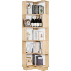 mosegor 6 Tier Wooden Corner Shelf, Large Corner Bookcase, Modern Standing Shelf, Living Room, S-Shaped Bookcase for Study, Bedroom, Office, H-175 cm (Original Wood Colour)