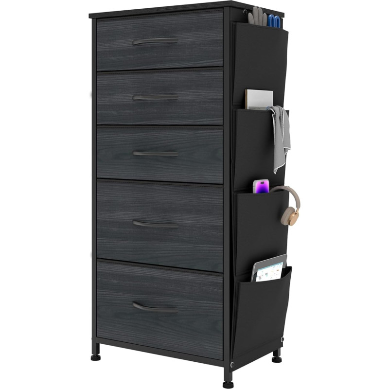 YITAHOME Chest of Drawers with 5 Drawers, Cabinet with Hooks and Side Pockets, Fabric Drawers with Handles, Metal Frame, Durable, Black Wood Grain