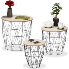 Relaxdays Basket Table Set of 3 Round, Metal & Wood Look, Basket Side Table Living Room, 3 Sizes, Wire Basket Table, Black