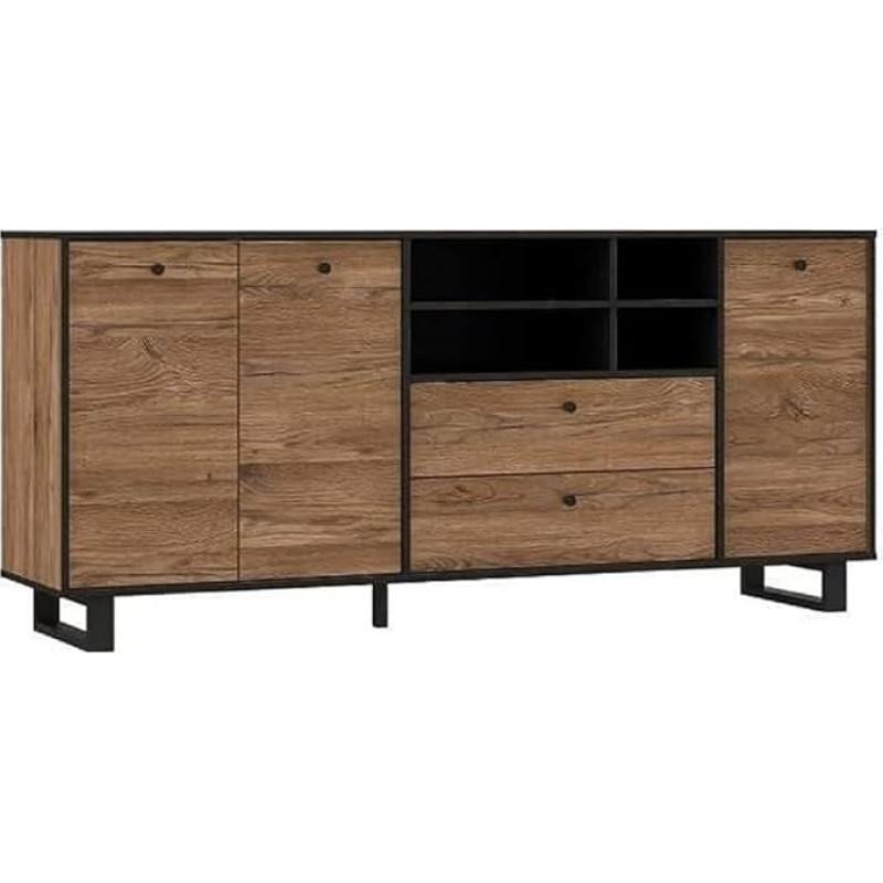 FORTE SEWILL Chest of Drawers with 3 Doors and 2 Drawers, Wood Composite, Colonial Oak / Black, 180.8 x 81.6 x 42 cm