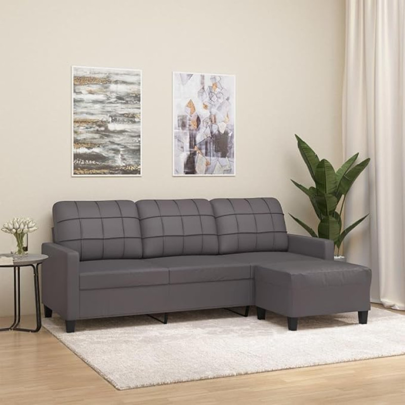 Festnight 3-Seater Sofa, Corner Sofa, 3-Seater, Faux Leather Small Couch, Modern 3-Seater Guest Sofa with Armrest, Tufted Loveseat Sofas for Living Room/Bedroom/Apartment, 180 cm, Grey