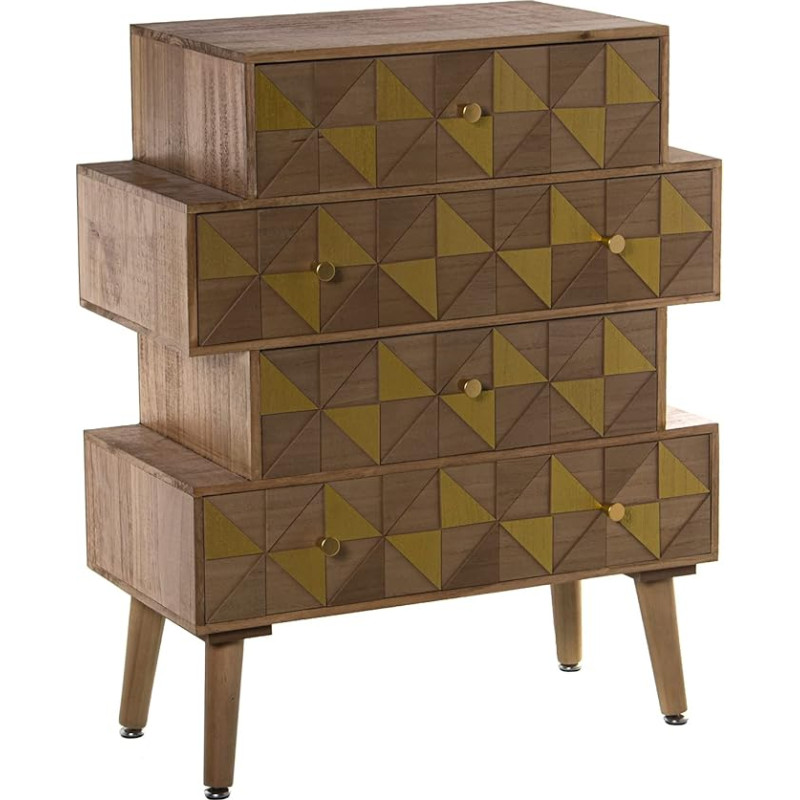 DRW Irregular Chest of Drawers with 4 Drawers Made of Wood and MDF with Triangles in Natural and Mustard 60 x 28 x 80 cm, Multi-Colour, Standard